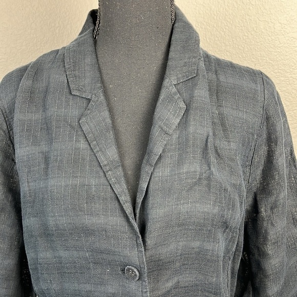 Eileen Fisher Linen Black Blazer Stripe Plaid 3/4 Sleeve Peplum Pockets Jacket L - Picture 2 of 8